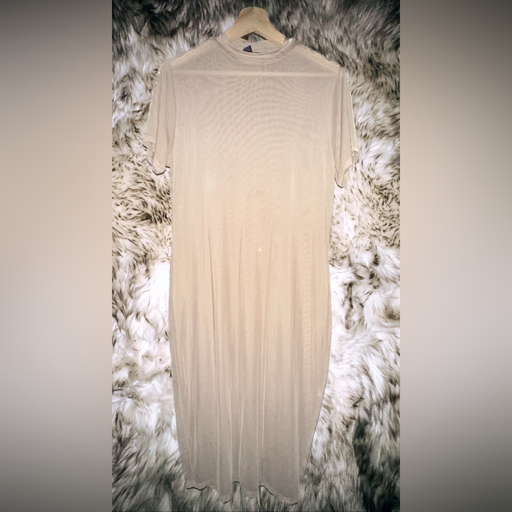High Neck Nude Mesh Midi Dress